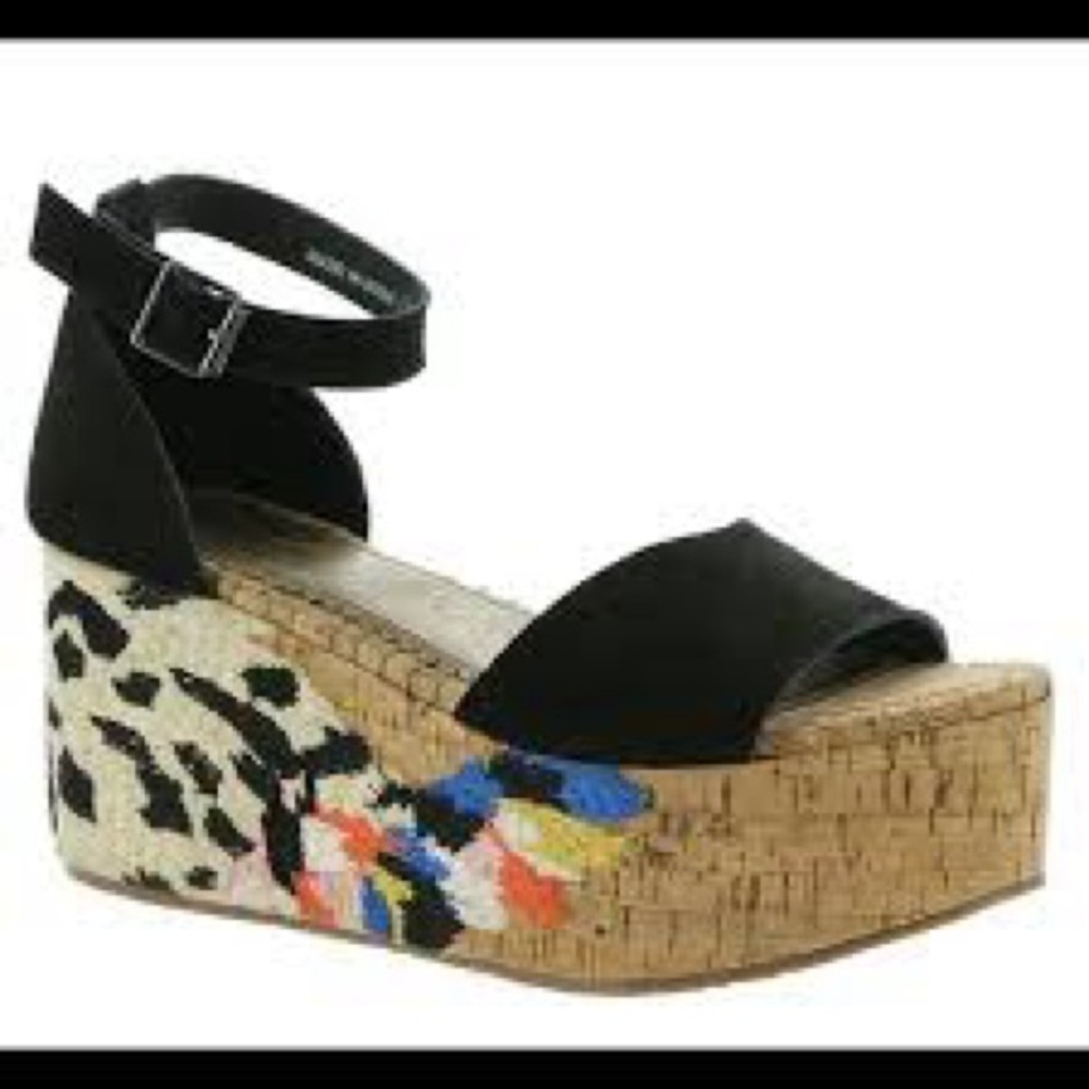naughty monkey Black Platform Sandals with Multicolor Embroidered Cork Wedge